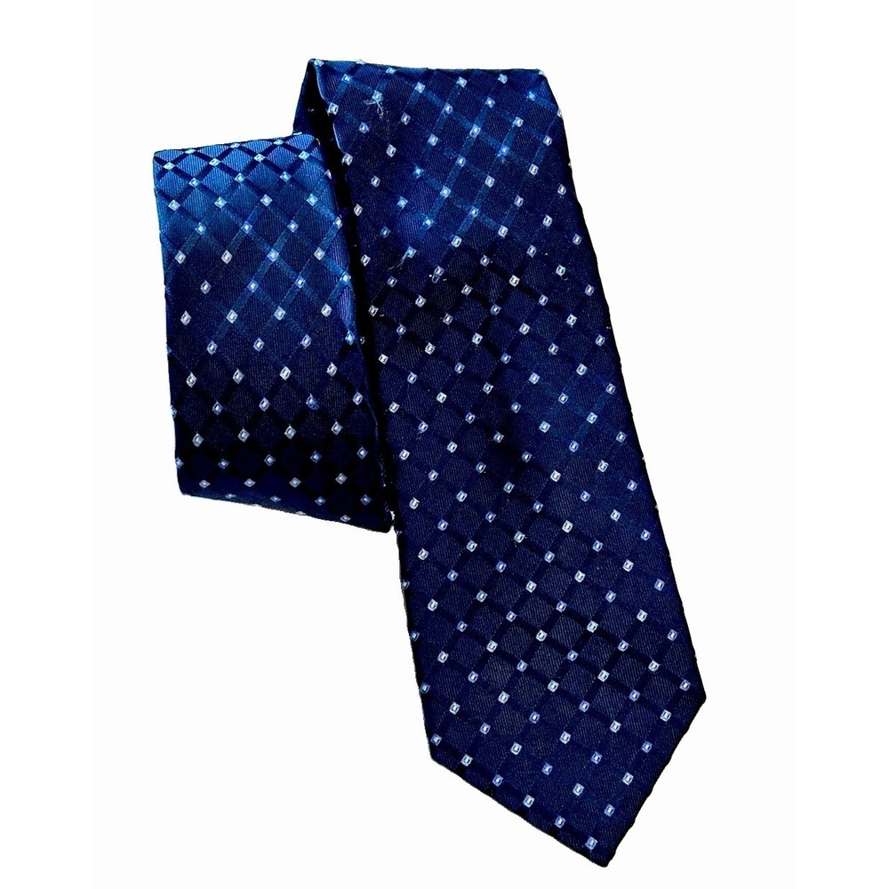 Club Room Mens 100% Silk Necktie Navy Blue Geometric Grid Micro Square Neck Tie